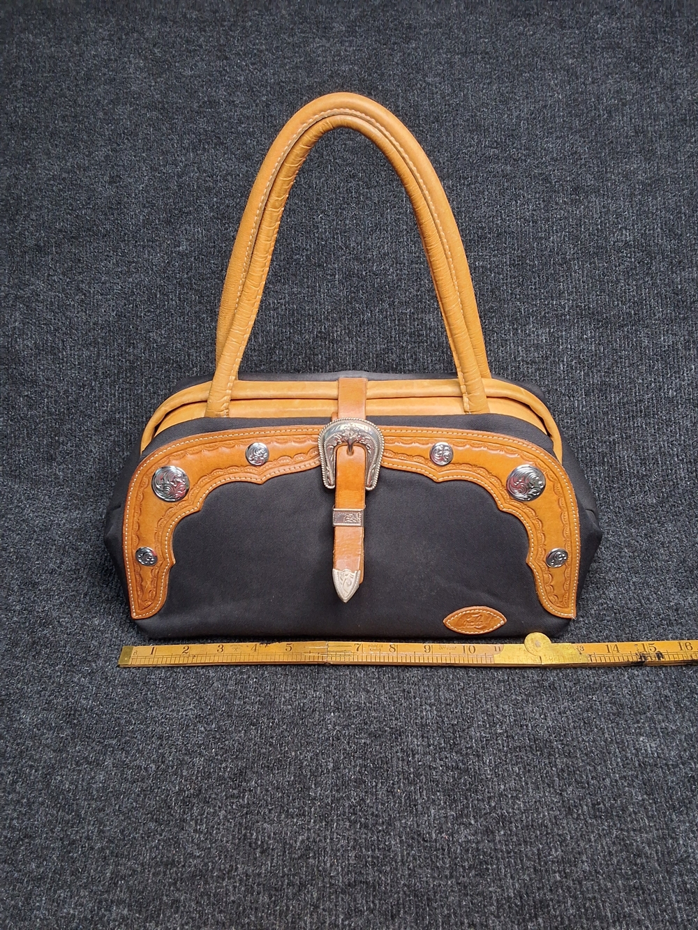 Tan and Black Leather Accent Satchel Handbag